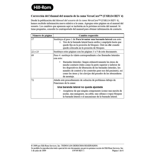 Hillrom User Manual, VersaCare Bed, Errata, Spanish - 159769
