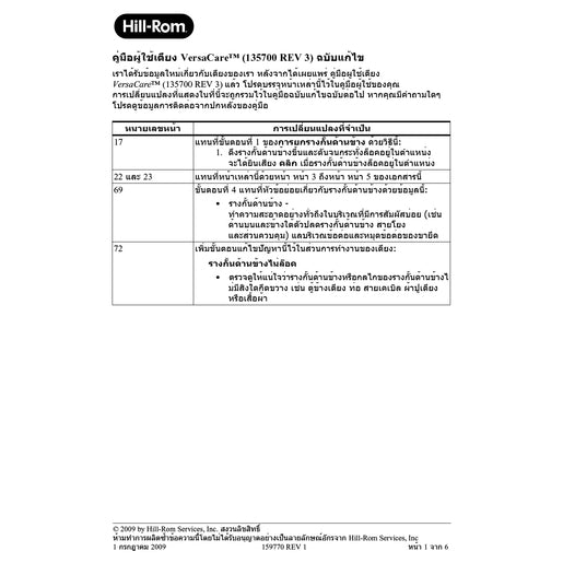 Hillrom User Manual, VersaCare Bed, Errata, Th - 159770