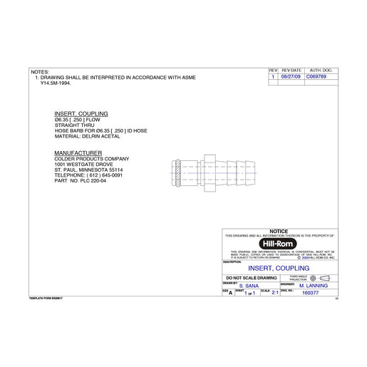 Hillrom Fitting, Colder P/N Plc 220-04 - 160377