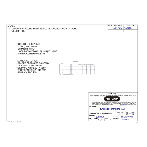 Hillrom Fitting, Colder P/N Pmc 2202 - 160378