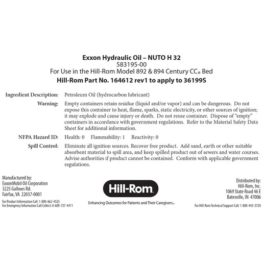 Hillrom Label, For Qt. Container of Oil - 164612