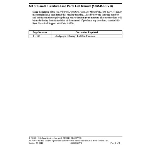 Hillrom Service Manual, Errata - 166018