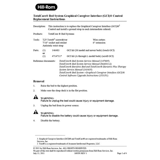 Hillrom Instruction Sheet, TotalCare GCI Ground Strap Inst - 169291