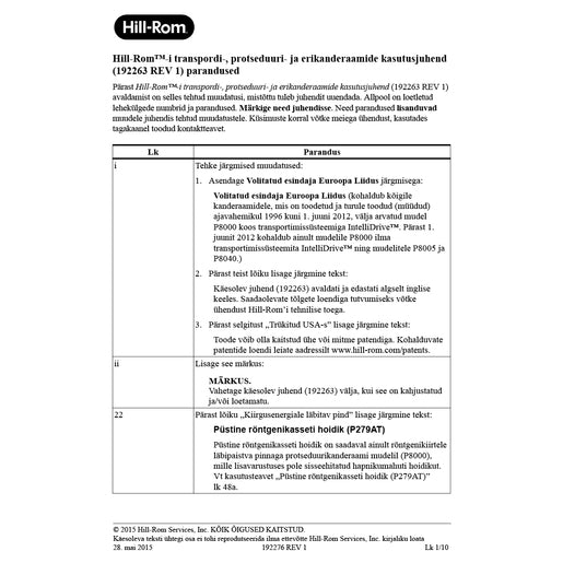 Hillrom User Manual, Stretcher, Correction, Estonian - 192276