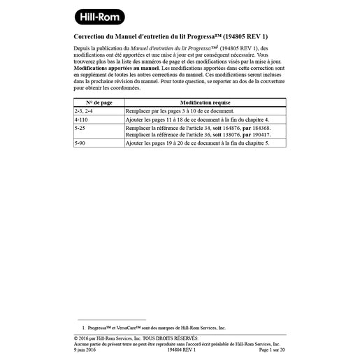 Hillrom Service Manual, Progressa, Corx, French - 194804