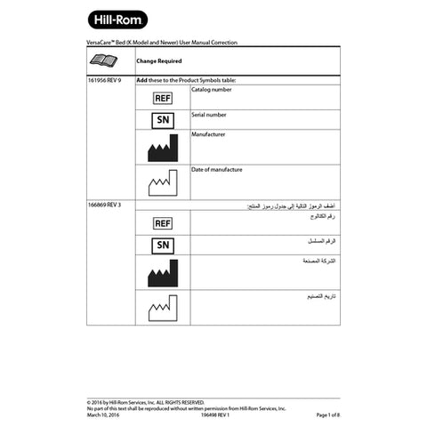 Hillrom User Manual, VersaCare, Correction - 196498