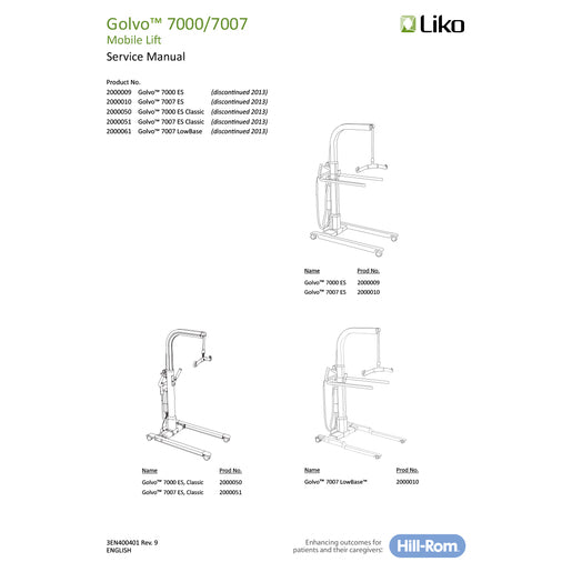 Hillrom Service Manual, Liko Golvo 7000/7007ES - 3EN400401