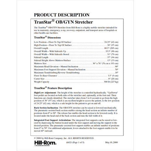 Hillrom DS, Transtar Ob/Gyn Prod Desc - DS021