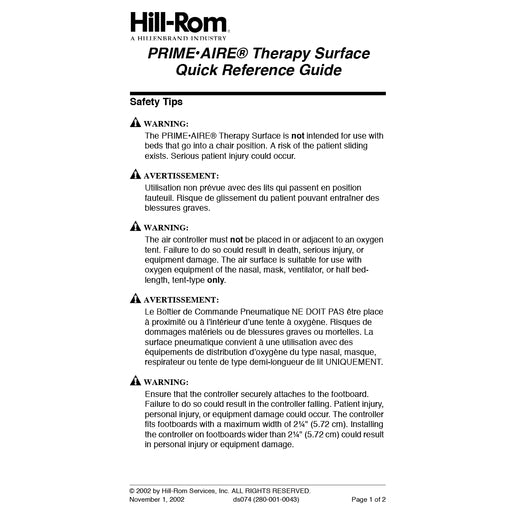 Hillrom QRG, Primeaire Therapy Surf - DS074