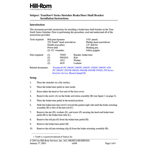 Hillrom Instruction Sheet, Transtar B/S Weld - IS698