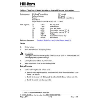 Hillrom Instruction Sheet, Transtar Siderail Upgrade - IS872
