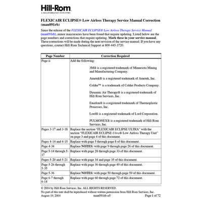 Hillrom Service Manual, Flex Eclipse Correctn - MAN091RBE
