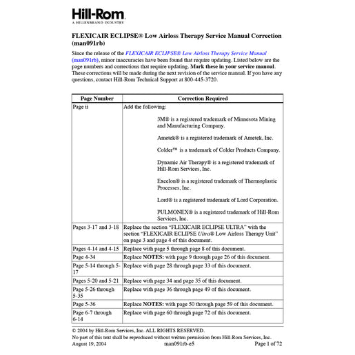 Hillrom Service Manual, Flex Eclipse Correctn - MAN091RBE