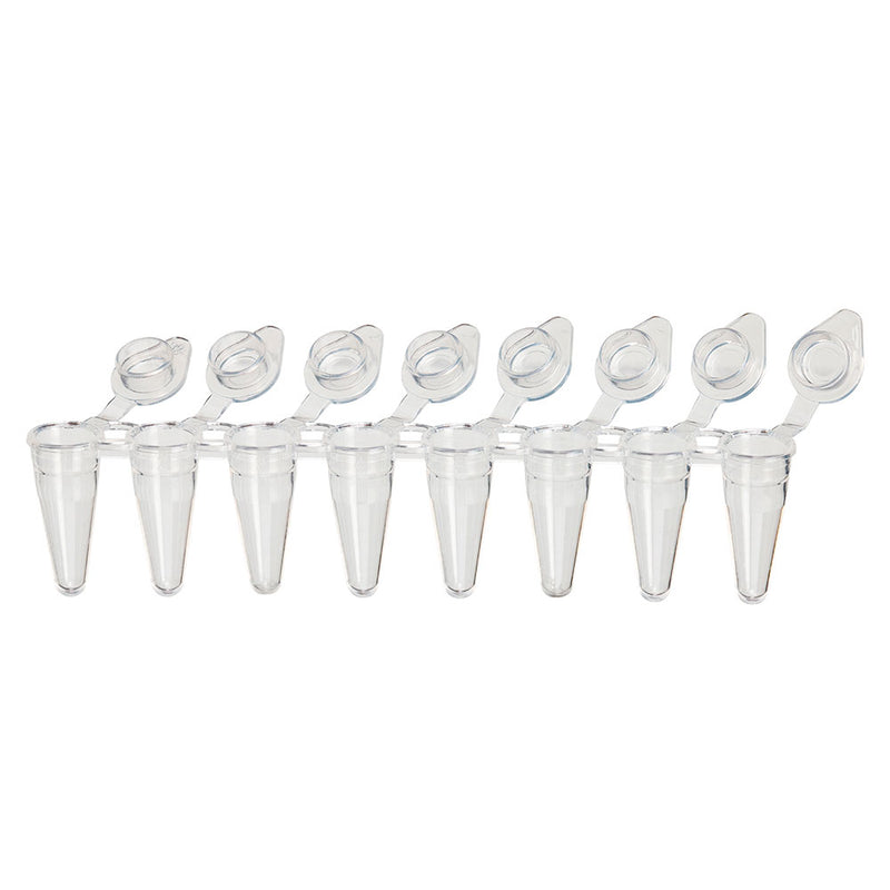Globe Scientific DiamondLink 0.1mL 8-Strip Tubes, Low-Profile, with Individually-Attached Flat Caps, White - GS-PCR-DL-01FW