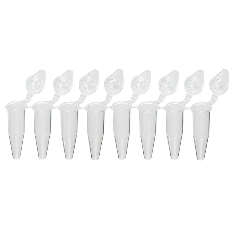 Globe Scientific QuickSnap 0.2mL 8-Strip Tubes, with Individually-Attached Dome and Flat Caps, Clear