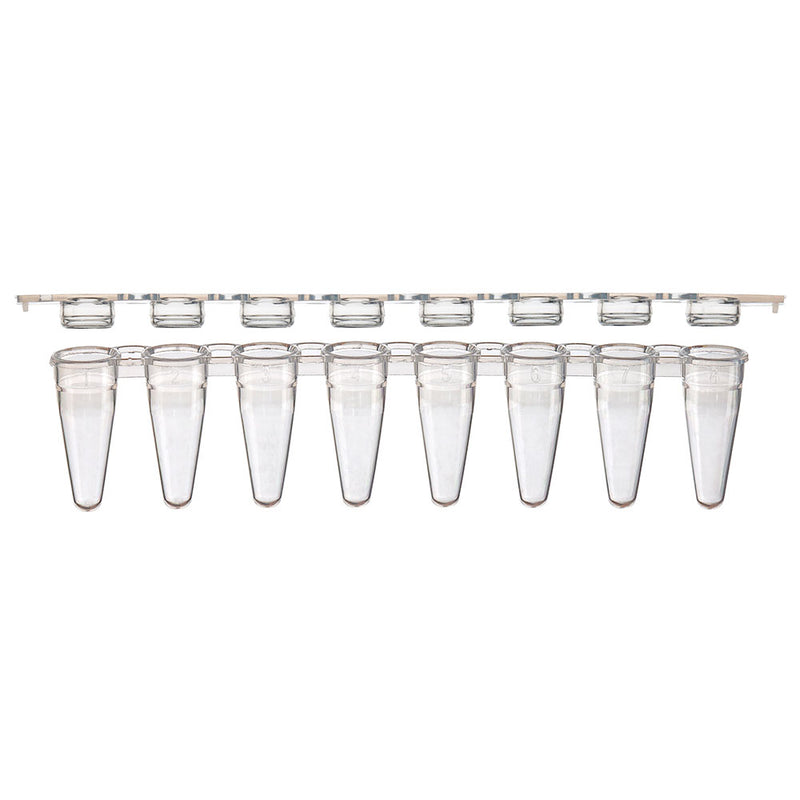 Globe Scientific 0.1mL 8-Strip Tubes, Low Profile, with Separate 8-Strip Clear Flat Caps, Natural - GS-PCR-STR-01F