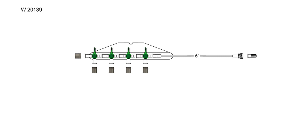 CODAN 4-gang four-way stopcocks on a manifold plate, male luer-lock
