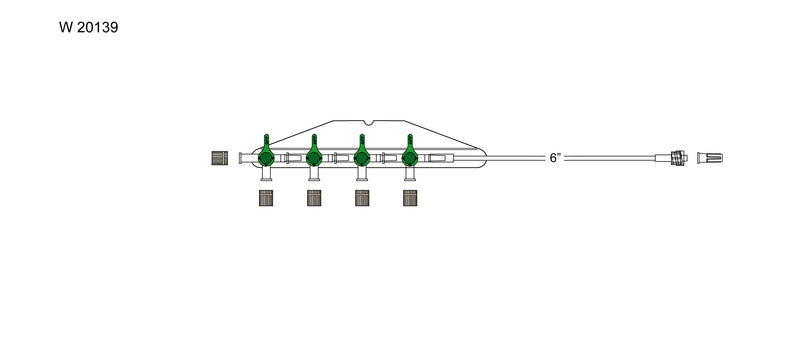 CODAN 4-gang four-way stopcocks on a manifold plate, male luer-lock