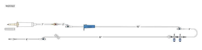 CODAN 10d non-vented chamber, back check valve, (3) needlefree Y-sites, roller clamp, detachable 2-gang swabable four-way stopcocks, male luer-lock