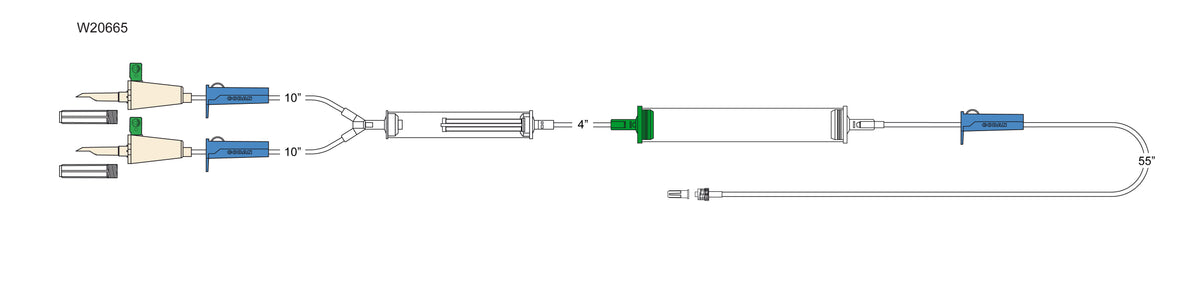 CODAN (2) vented spikes, (3) roller clamps, large volume elongated 170 micron filter chamber, cylinder hand pump, male luer-lock