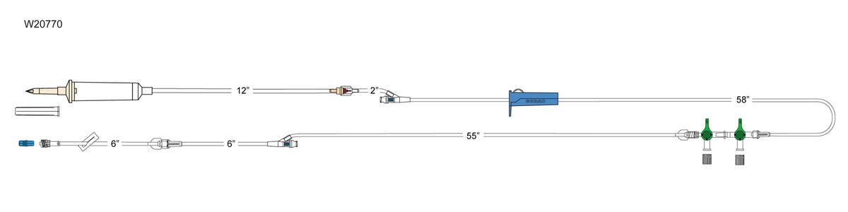 CODAN 10d non-vented chamber, back check valve, (2) needlefree Y-sites, roller clamp, 2-gang four-way stopcocks, 6” pigtail with slide clamp, spin-lock