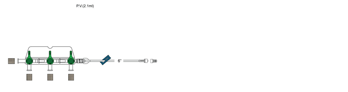 CODAN 3-gang four-way stopcocks on a manifold plate, detachable 6” pigtail with slide clamp, male luer-lock