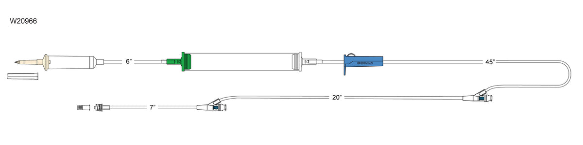 CODAN 10d non-vented chamber, cylinder hand pump, roller clamp, (2) needlefree Y-sites, male luer-lock