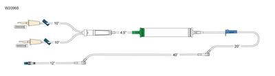 CODAN (2) non-vented spikes, (2) slide clamps, 200 micron filter chamber, cylinder hand pump, roller clamp, (2) pre-pierced Y-sites, spin-lock