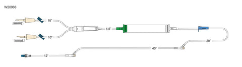 CODAN (2) non-vented spikes, (2) slide clamps, 200 micron filter chamber, cylinder hand pump, roller clamp, (2) pre-pierced Y-sites, spin-lock
