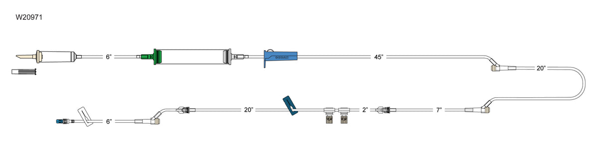 CODAN 10d non-vented chamber, cylinder hand pump, roller clamp, (3) pre-pierced Y-sites, (2) pressure-activated valves, (2) slide clamps, 6” pigtail with spin-lock