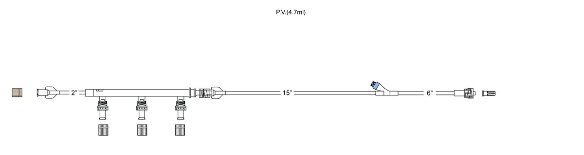 CODAN Regularbore tubing, 3-gang pressure-activated valves on a manifold tube, detachable extension, needlefree Y-site, male luer-lock