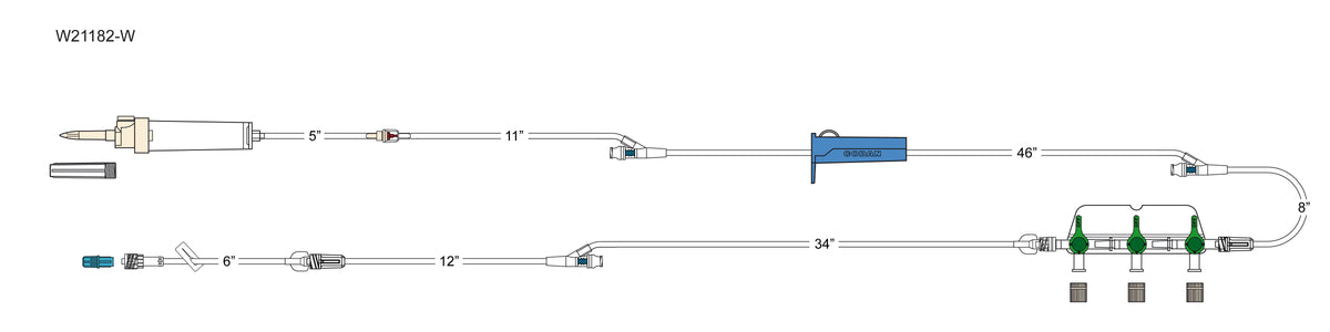 CODAN 10d vented chamber, back check valve, (3) needlefree Y-sites, roller clamp, detachable 3-gang four-way stopcocks on a manifold plate, 6” pigtail with slide clamp, spin-lock