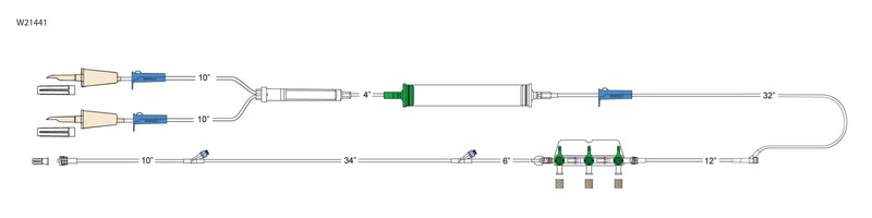 CODAN 2) non-vented spikes, (3) roller clamps, 200 micron filter chamber, cylinder hand pump, injectable Y-site, detachable 3-gang four-way stopcocks on a manifold plate, (2) needlefree Y-sites, male luer-lock