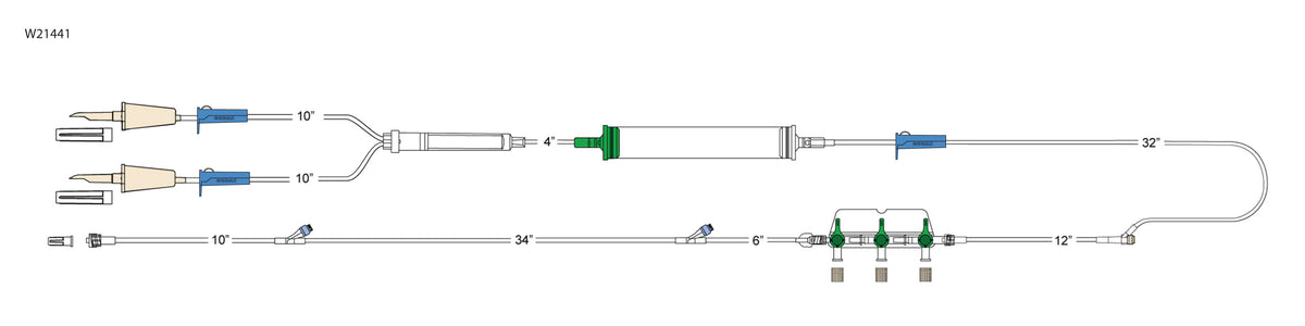 CODAN (2) non-vented spikes, (3) roller clamps, 200 micron filter chamber, cylinder hand pump, needlefree Y-site, spin-lock