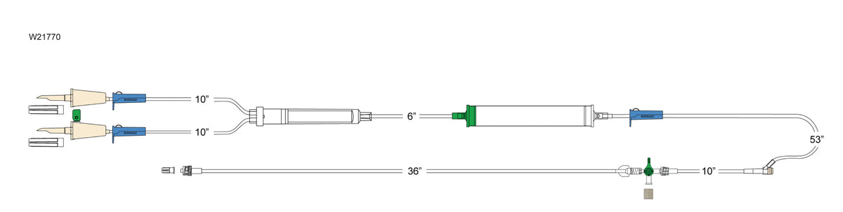 CODAN Non-vented spike, vented spike, (3) roller clamps, 200 micron filter chamber, cylinder hand pump, pre-pierced Y-site, detachable four-way stopcock, 36” extension, male luer-lock