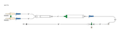 CODAN Non-vented spike, vented spike, (3) roller clamps, 200 micron filter chamber, cylinder hand pump, pre-pierced Y-site, detachable four-way stopcock, 36” extension, male luer-lock