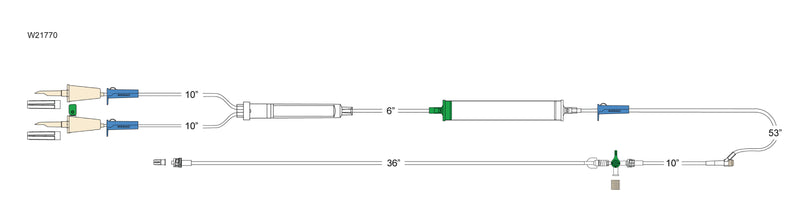 CODAN Non-vented spike, vented spike, (3) roller clamps, 200 micron filter chamber, cylinder hand pump, pre-pierced Y-site, detachable four-way stopcock, 36” extension, male luer-lock