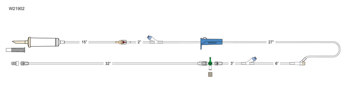 CODAN 10d non-vented chamber, back check valve, (2) needlefree Y-sites, roller clamp, Y-injection site, detachable four-way stopcock, male luer-lock