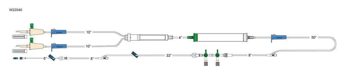 CODAN (2) vented spikes, (3) roller clamps, 200 micron filter chamber, cylinder hand pump, (2) needlefree Y-sites, detachable 2-gang four-way stopcocks, (2) slide clamps, 6” detachable pigtail with spin-lock