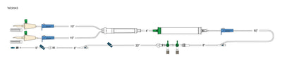 CODAN (2) vented spikes, (3) roller clamps, 200 micron filter chamber, cylinder hand pump, (2) needlefree Y-sites, detachable 2-gang four-way stopcocks, (2) slide clamps, 6” detachable pigtail with spin-lock