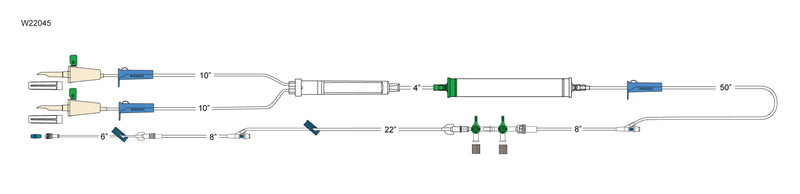 CODAN (2) vented spikes, (3) roller clamps, 200 micron filter chamber, cylinder hand pump, (2) needlefree Y-sites, detachable 2-gang four-way stopcocks, (2) slide clamps, 6” detachable pigtail with spin-lock