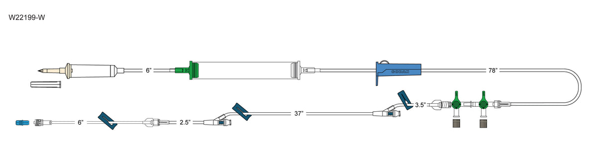 CODAN 10d non-vented chamber, cylinder hand pump, roller clamp, detachable 2-gang four-way stopcocks, (3) slide clamps, (2) needlefree Y-sites, 6” pigtail with spin-lock