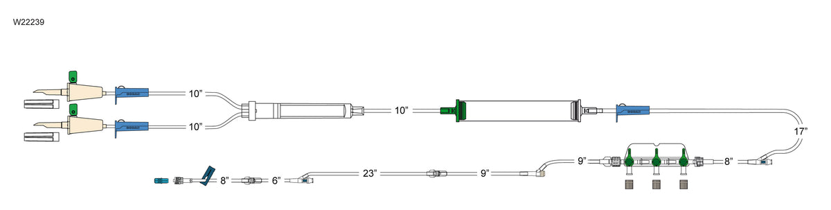 CODAN (2) vented spikes, (3) roller clamps, 200 micron filter chamber, cylinder hand pump, (2) needlefree Y-sites, detachable 3-gang four-way stopcocks on manifold plate, pre-pierced Y-site, detachable 8” pigtail with spin-lock