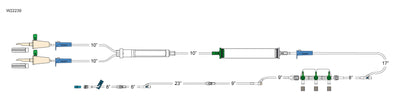 CODAN (2) vented spikes, (3) roller clamps, 200 micron filter chamber, cylinder hand pump, (2) needlefree Y-sites, detachable 3-gang four-way stopcocks on manifold plate, pre-pierced Y-site, detachable 8” pigtail with spin-lock
