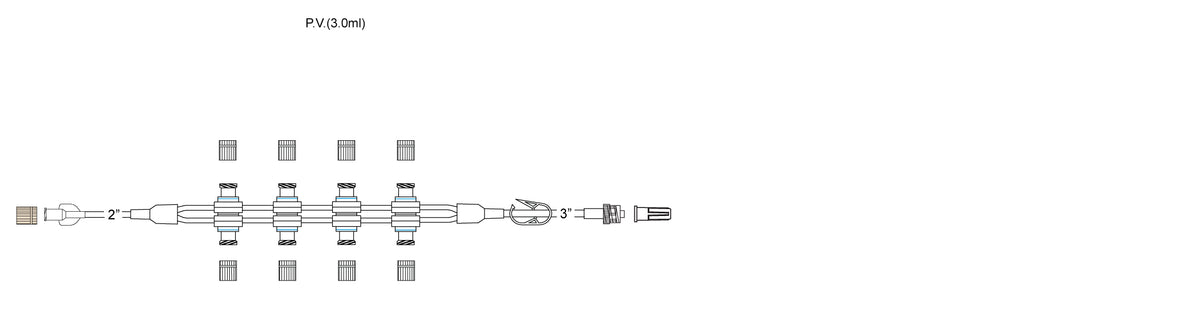 CODAN Regularbore tubing, (8) pressure-activated valves bonded back-to-back, pinch clamp, male luer-lock