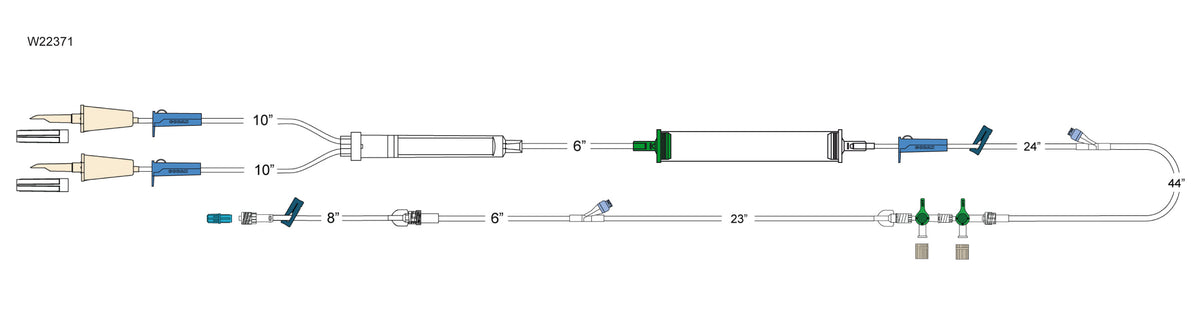 CODAN (2) non-vented spikes, (3) roller clamps, 200 micron filter chamber, cylinder hand pump, (2) needlefree Y-sites, 2-gang detachable four-way stopcocks, 8” pigtail with spin-lock
