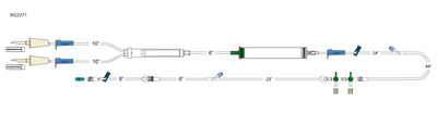 CODAN (2) non-vented spikes, (3) roller clamps, large volume elongated 170 micron filter chamber, cylinder hand pump, detachable 2-gang four-way stopcocks, needlefree Y-site, 8” pigtail with spin-lock