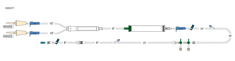 CODAN (2) non-vented spikes, (3) roller clamps, large volume elongated 170 micron filter chamber, cylinder hand pump, detachable 2-gang four-way stopcocks, needlefree Y-site, 8” pigtail with spin-lock