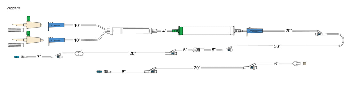 CODAN (2) vented spikes, (3) roller clamps, 200 micron filter chamber, cylinder hand pump, slide clamp, detachable 2-gang four-way stopcock, male luer-lock