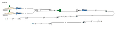 CODAN (2) vented spikes, (3) roller clamps, 200 micron filter chamber, cylinder hand pump, slide clamp, detachable 2-gang four-way stopcock, male luer-lock